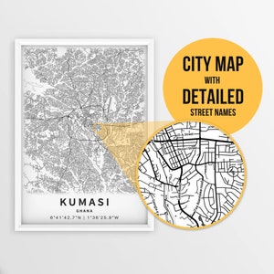 Printable Map of Kumasi, Ghana with Street Names - Instant Download \ City Map \ Travel Gift \ City Poster \ Road Map Print \ Wall Art
