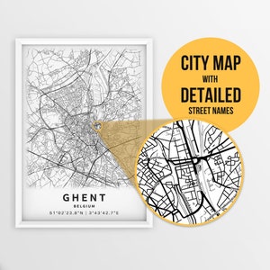 Printable Map of Ghent, Belgium with Street Names - Instant Download \ City Map \ Travel Gift \ City Poster \ Road Map Print \ Wall Art