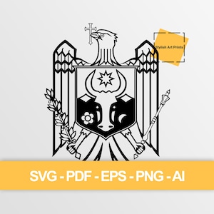 Könnte beinhalten: Schwarz-weiße Vektorillustration eines Wappens. Das Design zeigt einen Adler mit einem Kreuz, einen Schild mit einem Stierkopf und andere heraldische Elemente. Der Text "Stylish Art Prints" befindet sich in der oberen rechten Ecke. Das untere Banner lautet "SVG - PDF - EPS - PNG - AI".