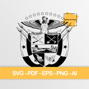 Op de afbeelding: Zwart-wit heraldisch wapenontwerp met een adelaar, sterren en banners. Het wapen bevat de woorden "PRO MUNDI BENEFICIO" en "Stylish Art Prints". De onderste banner luidt "SVG - PDF - EPS - PNG - AI".