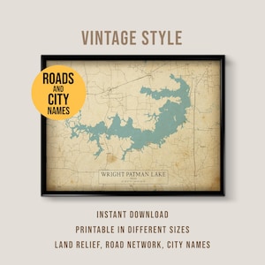 May include: Vintage-style framed map print of Wright Patman Lake, Texas, with roads, city names, and land relief. The map features a teal lake against a beige background, with the text "Vintage Style" at the top.