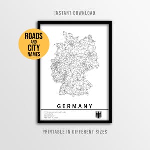 Póster de mapa de Alemania, mapa de carreteras imprimible de Alemania con nombres de ciudades (descarga instantánea)