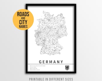 Deutschland Karte Poster, Deutschland druckbare Straßenkarte mit Städtenamen (Instant Download)