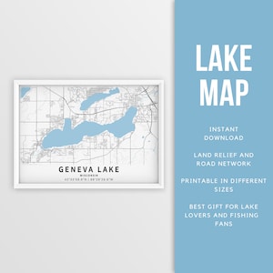 Mapa imprimible del lago Geneva, Wisconsin, EE. UU. - Descarga instantánea \ Mapa del lago \ Cartel del mapa \ Decoración de la casa del lago \ LakeLife \ Pesca \ Paseos en bote