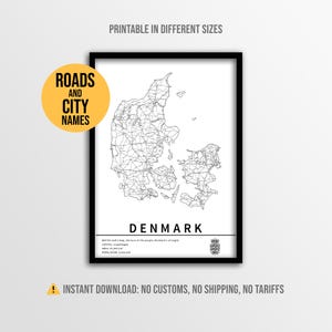 Denmark Map Poster, Printable Danmark Road Map with City names (Instant Download)