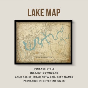 Mappa stampabile in stile vintage del vecchio lago Hickory, Tennessee con nomi di città - Download istantaneo \ Mappa rustica \ Mappa poster \ Lake House