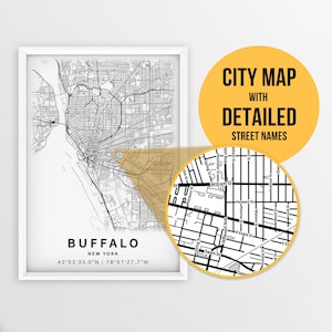 Mapa para impressão de Buffalo, Nova York, EUA com nomes de ruas - Download instantâneo \ Mapa da cidade \ Presente de viagem \ Cartaz da cidade \ Impressão de mapa de estradas