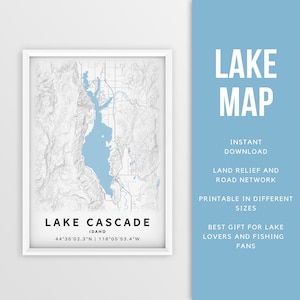 Mapa imprimible de Lake Cascade, Idaho - Descarga instantánea \ Mapa del lago \ Arte de la pared \ Cartel del mapa \ Decoración de la casa del lago \ LakeLife \ Pesca \ Paseos en bote