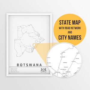 Printable Map of Botswana with city names and roads - Instant Download \ Country Map \ Map Print \ Push Pin Map \ Travel Planner \  Wall Art