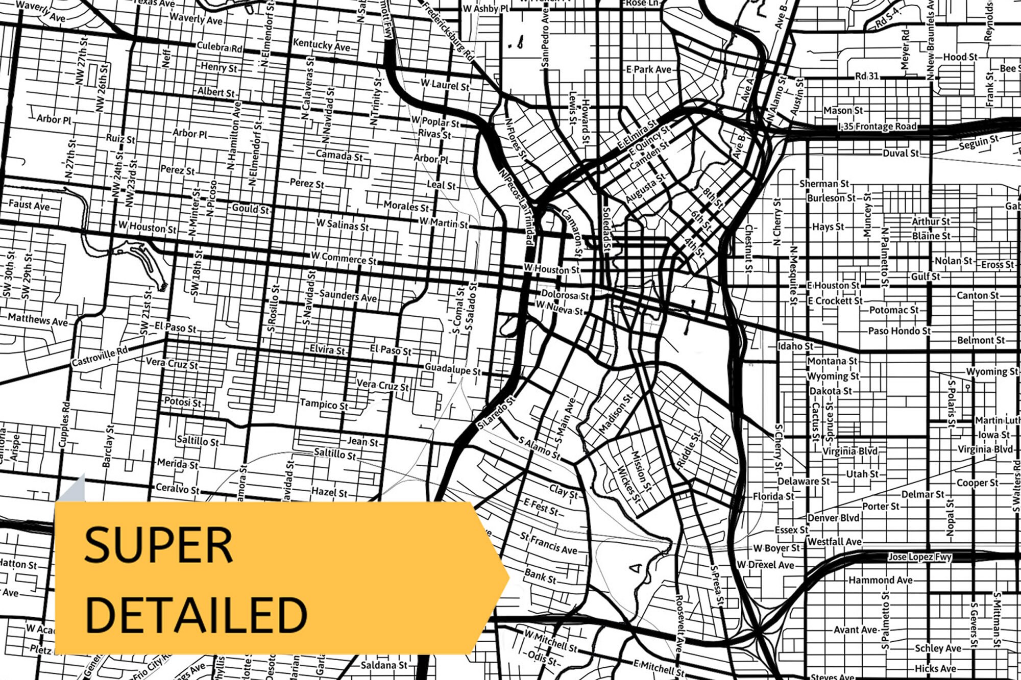 Printable Map of San Antonio, Texas, USA With Street Names Instant