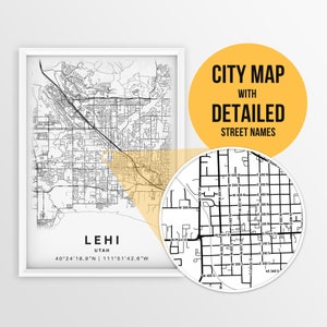 Puede incluir: Un mapa de la ciudad de Lehi, Utah, en blanco y negro, con los nombres de las calles. El mapa muestra el diseño de la ciudad con sus carreteras, calles y puntos de referencia. Las coordenadas de la ciudad se enumeran debajo del nombre de la ciudad: 40°24'18.9"N | 111°51'42.6"W.