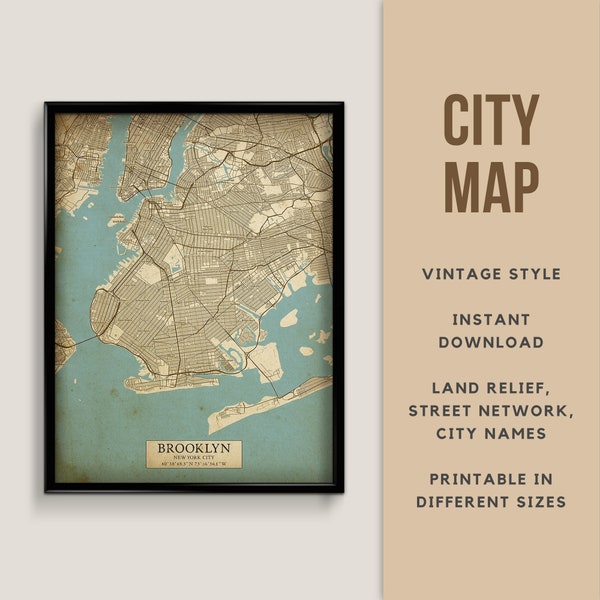 Vintage Style Map of Brooklyn, New York City, USA - Instant Download \ Street Map \ Wall Art \ Map Poster \ Antique Style \ Map Print