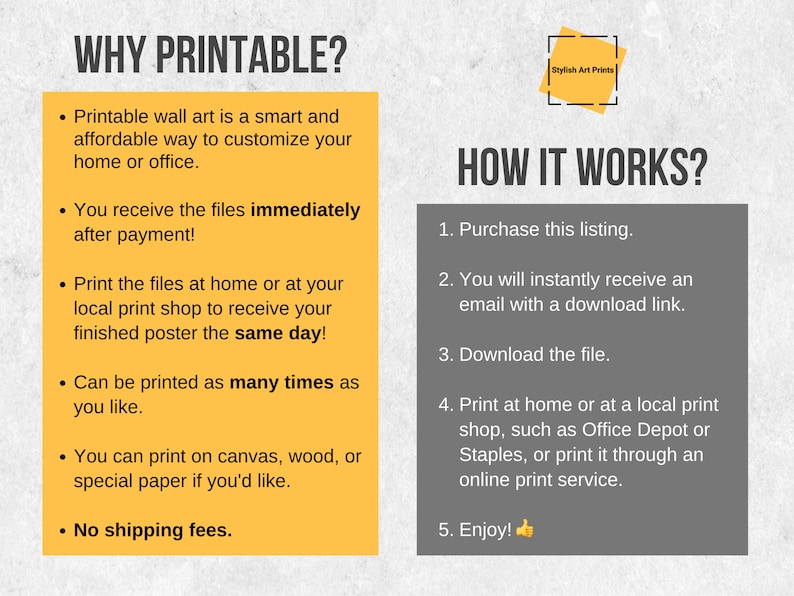 May include: A yellow and white graphic with the text "WHY PRINTABLE?" and "HOW IT WORKS?"  The graphic lists the benefits of purchasing printable wall art, such as receiving the files immediately after payment, printing at home or at a local print shop, and no shipping fees. The graphic also explains how to purchase and download the files.