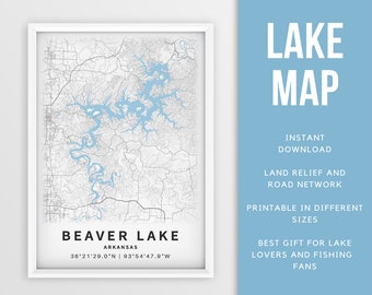 Printable Map of Beaver Lake, White River, Arkansas, US - Instant Download \ Lake Map \ Fishing Poster \ Lakehouse Decor \ LakeLife \Boating