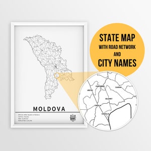 Mapa da Moldávia para impressão com nomes de cidades e estradas - Download instantâneo \ Mapa do país \ Impressão de mapa \ Mapa de alfinetes \ Planejador de viagens \ Arte de parede
