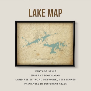 Carte de style vintage de Greers Ferry Lake, Arkansas, États-Unis avec noms de villes - Téléchargement instantané \ Carte du lac \ Art mural \ Impression de carte \ Affiche du lac