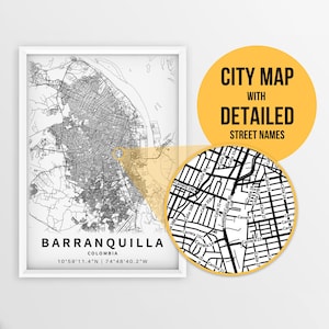 Druckbare Karte von Barranquilla, Kolumbien mit Straßennamen - sofortiger Download ~ Karte ~ ~ Karte ~ Stadtplan ~ Strassenkarte Print