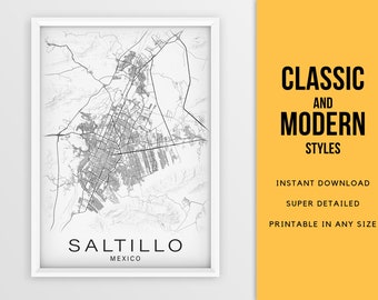 Printable Map of Saltillo, Coahuila, Mexico  - Instant Download \ City Map \ Wall Art