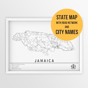 Afdrukbare kaart van Jamaica met stadsnamen en wegen - Instant Download \ Landkaart \ Kaartkunst \ Push Pin Map \ Reisplanner \ Kaartcadeau