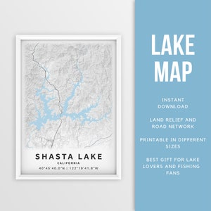 Mapa imprimible de Shasta Lake, California, EE. UU. - Descarga instantánea \ Mapa del lago \ Cartel del mapa \ Decoración de la casa del lago \ LakeLife \ Pesca \ Paseos en bote