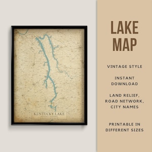 Vintage Stil Landkarte von Kentucky Lake, Kentucky und Tennessee, USA mit Städtenamen - zum sofortigen Download - Landkarte Farbe See Map Poster