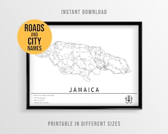 Jamaica Map Poster, Printable Caribbean Road Map with City names (Instant Download)