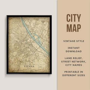 Mapa de estilo vintage imprimible de Viena, Austria - Descarga instantánea \ Mapa de calles \ Arte de la pared \ Cartel del mapa \ Antiguo \ Impresión de mapas \ Regalo de Austria