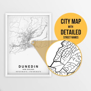 Druckbare Karte von Dunedin, Neuseeland mit Straßennamen - Sofort Download \ City Map \ Travel Gift \ City Poster \ Road Map Print \ Map Art