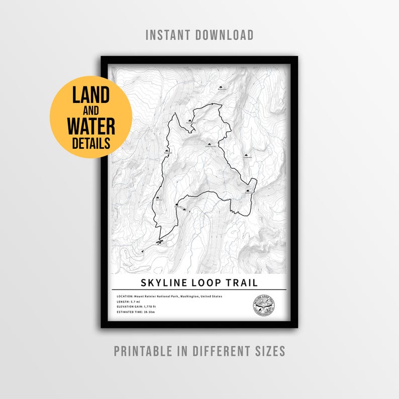 Skyline Loop Trail Map, Mount Rainier National Park Hihing Gift ...