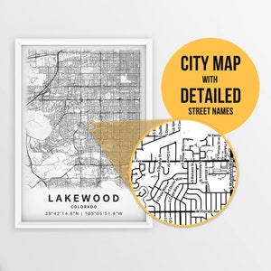 Druckbare Karte von Lakewood, Colorado, USA mit Straßennamen - Sofort Download \ City Map \ Travel Gift \ City Poster \ Road Map Print