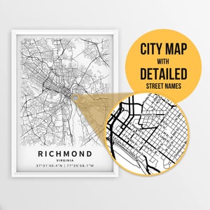 Druckbare Karte von Richmond, Virginia, USA mit Straßennamen - Sofort Download \ City Map \ Travel Gift \ City Poster \ Road Map Print