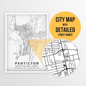 Mapa imprimible de Penticton, Columbia Británica, Canadá, con nombres de calles - Descarga instantánea \ Mapa de la ciudad \ Regalo de viaje \ Póster de la ciudad \ Mapa de carreteras