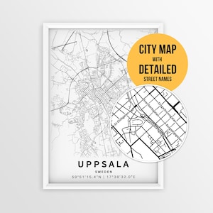 Plattegrond van Uppsala, Zweden met straatnamen, printbare poster van de stad Uppsala (direct te downloaden)