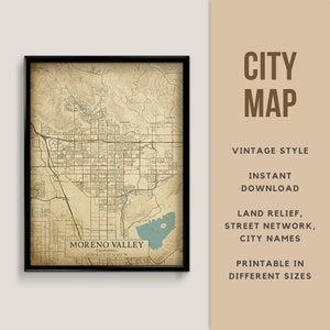 Vintage stijl kaart van Moreno Valley, Californië, VS - Instant Download \ Stratenplan \ Kaartposter \ Antiek \ Kaartafdruk \ Californië Cadeau