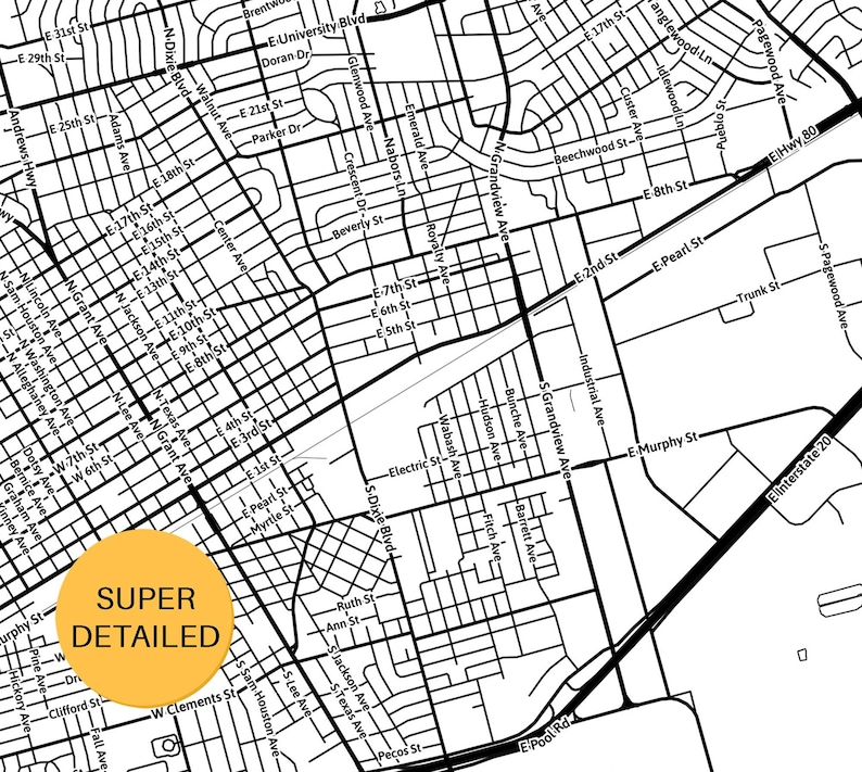 Printable Map of Odessa, Texas, USA With Street Names Instant Download