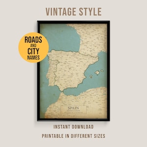 Op de afbeelding: Vintage kaart van Spanje in een zwarte lijst. De kaart toont wegen en stadsnamen, met een turquoise en bruin kleurenschema. Tekst op de afbeelding omvat "Vintage Style", "Spanje" en "Instant Download".