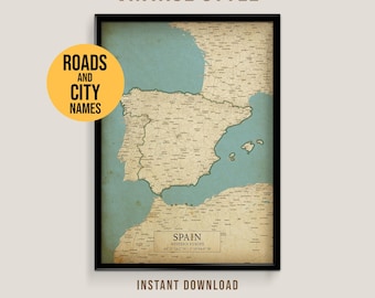 Spain Vintage Style Map with roads and city names, Printable Spain Poster (Instant Download)