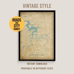 Cave Run Lake Vintage Style Map, Printable Kentucky Lake House Poster (Instant Download)
