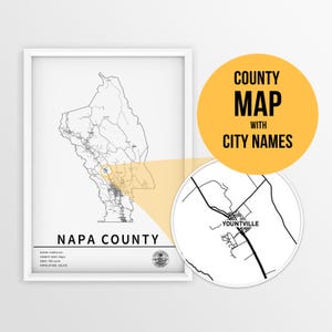 Printable Map of Napa County, California with city names and roads - Instant Download \ Map Art \ Travel Planner \ Pushpin map \ Map Print