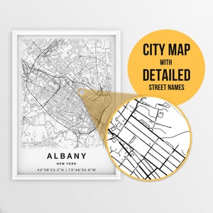 Mapa para impressão de Albany, Nova York, EUA, impressão de mapa com nomes de ruas - download instantâneo \ mapa da cidade \ arte de parede \ pôster para impressão \ presente de viagem