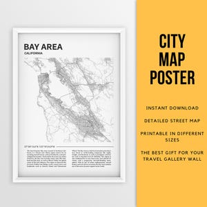 Région de la baie de San Francisco, Californie, États-Unis d'Amérique, affiche de carte imprimable - téléchargement immédiat \ plan des rues \ art mural \ carte routière \ carte de la région de la baie \ carte cadeau