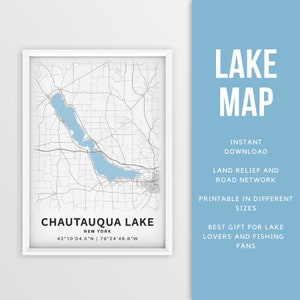 Mapa imprimible del lago Chautauqua, Nueva York, EE. UU. - Descarga instantánea \ Mapa del lago \ Cartel del mapa \ Decoración de la casa del lago \ LakeLife \ Pesca \ Paseos en bote