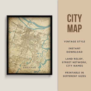 Printable Vintage Style Map of Savannah, Georgia, USA - Instant Download \ Street Map \ Map Poster \ Antique \ Map Print \ Savannah Gift