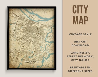 Printable Vintage Style Map of Savannah, Georgia, USA - Instant Download \ Street Map \ Map Poster \ Antique \ Map Print \ Savannah Gift