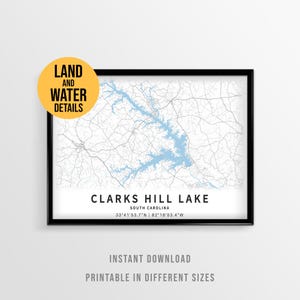 Clarks Hill Lake-kaartposter, afdrukbare Lakehouse-kunst Georgia en South Carolina (direct downloaden)