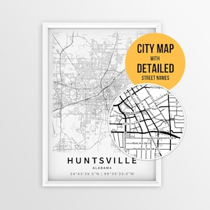 Huntsville Alabama Map with Street Names, Printable Huntsville City Poster (Instant Download)