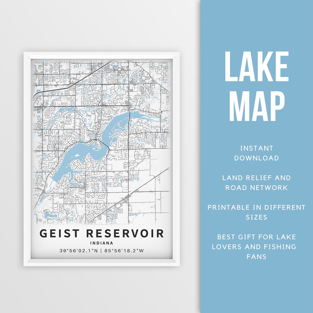 Printable Map of Geist Reservoir, Indiana, US Instant Download Lake Map
