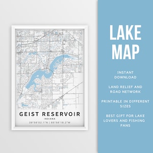 Mapa imprimible del embalse de Geist, Indiana, EE. UU. - Descarga instantánea \ Mapa del lago \ Cartel del mapa \ Decoración de la casa del lago \ LakeLife \ Pesca \ Paseos en bote