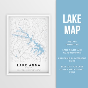 Mapa imprimible del lago Anna, Virginia - Descarga instantánea \ Mapa del lago \ Arte de la pared \ Cartel del mapa \ Decoración de la casa del lago \ LakeLife \ Pesca \ Paseos en bote