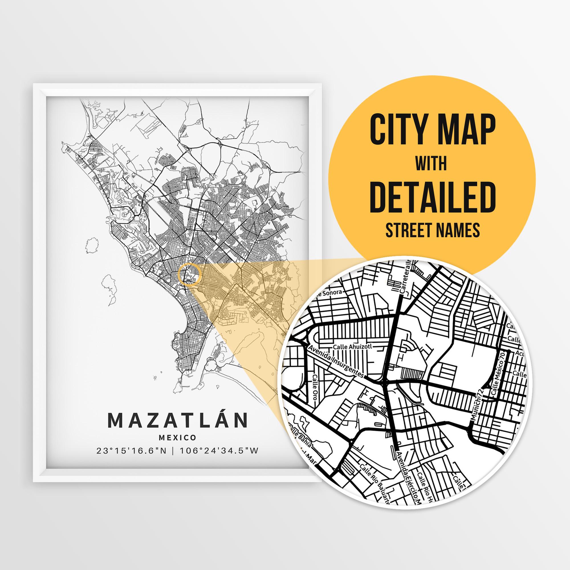 Printable Map of Mazatlan, Mexico with Street Names - Instant Download \ City Map \ Wall Art \ Mexico Poster \ Sinaloa Road \ Map Print